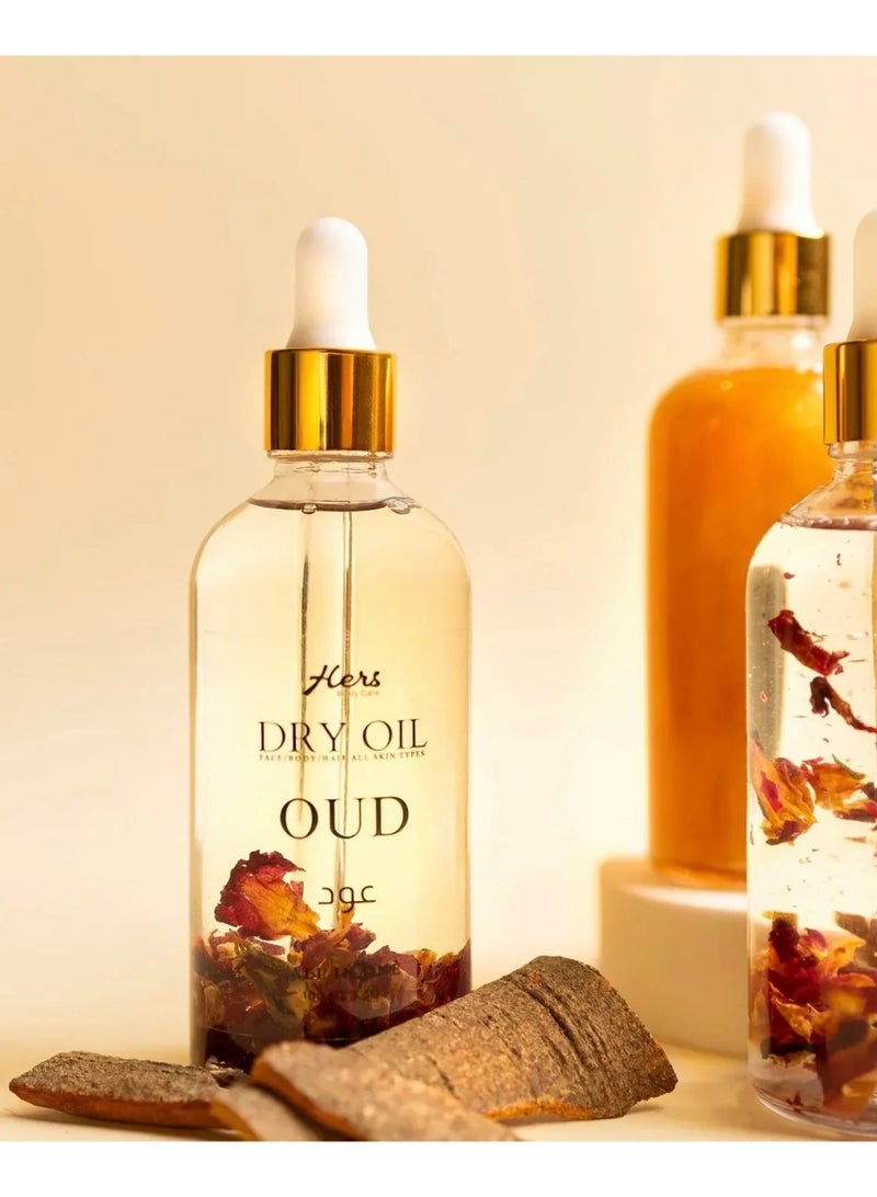 هيرز دراي أويل عود 100 مل للبشرة والوجه والشعر، زيت خفيف سريع الامتصاص يرطب وينعم بدون أي أثر دهني مع عطر عود فاخر - Image 1